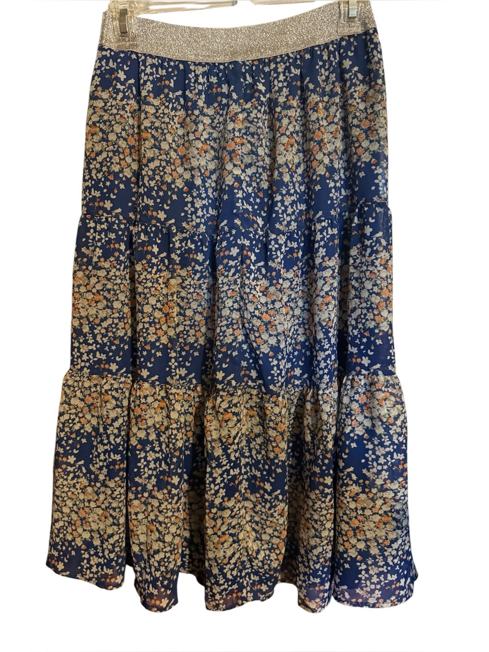 kidpik Royal Blue Floral tier full skirt with Silver Trim girls xl 14 xxl